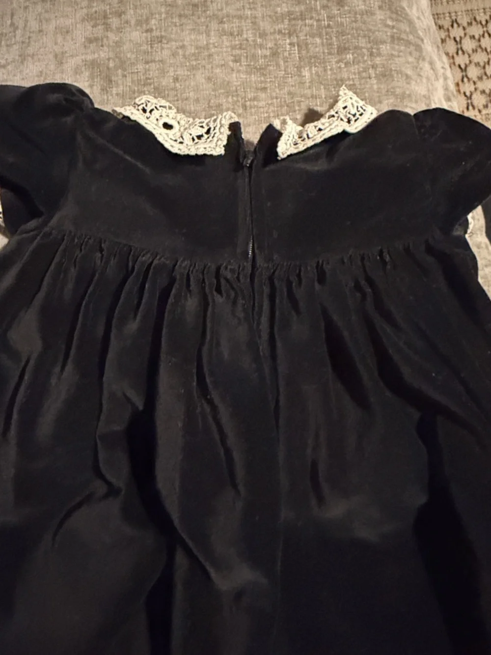 Vintage Black‎ Velvet Baby Dress with Crochet Collar and Pink Embroidery